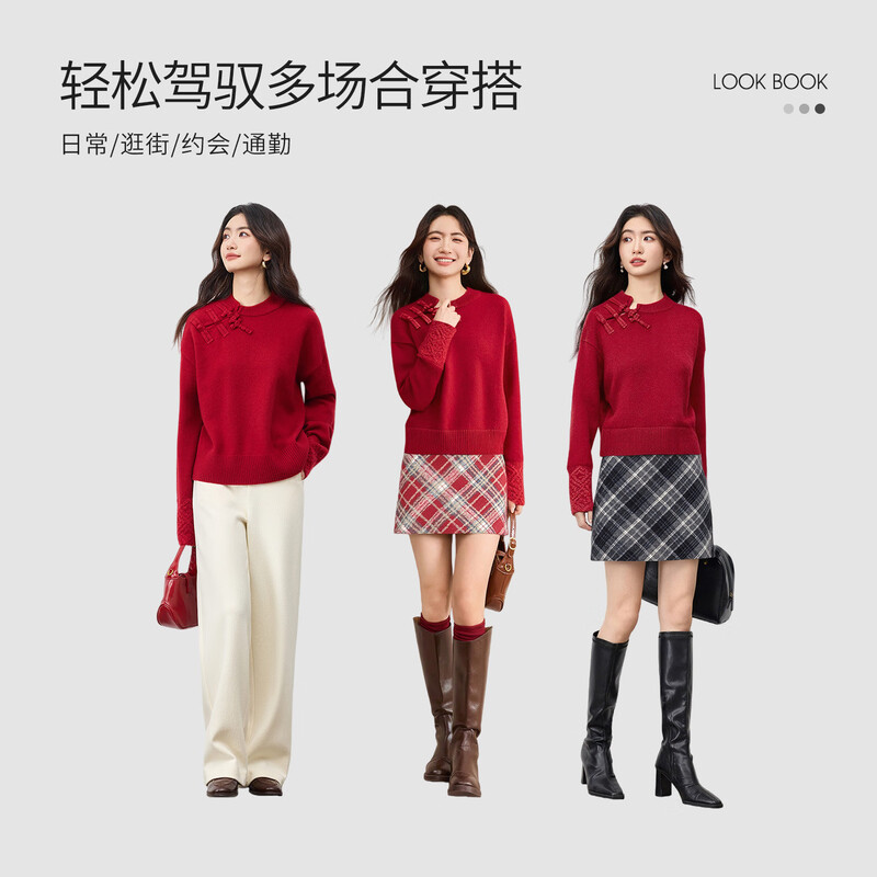 Shandubila New Year Red Chinese Knot Button National Style Sweater Women's Winter Sheep Wool Warm Slant-front Round Neck Sweater Top