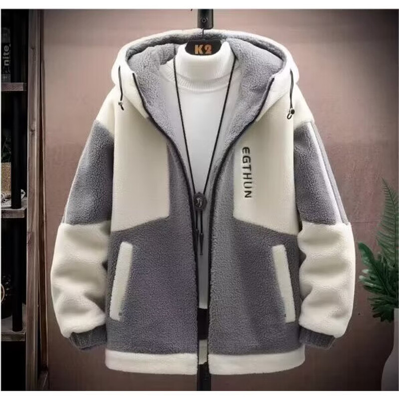 Cotton-padded men's fleece lamb wool coat autumn and winter teenage students thickened hooded cotton coat handsome winter cotton-padded jacket blue 3XL