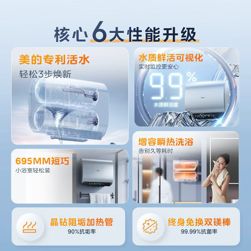Midea Midea Living Water UDproS skin-friendly living water exquisite ultra-thin 60 liters double bile flat barrel electric water heater 3300W water and electricity separation first-level energy efficiency instant hot wash state subsidy