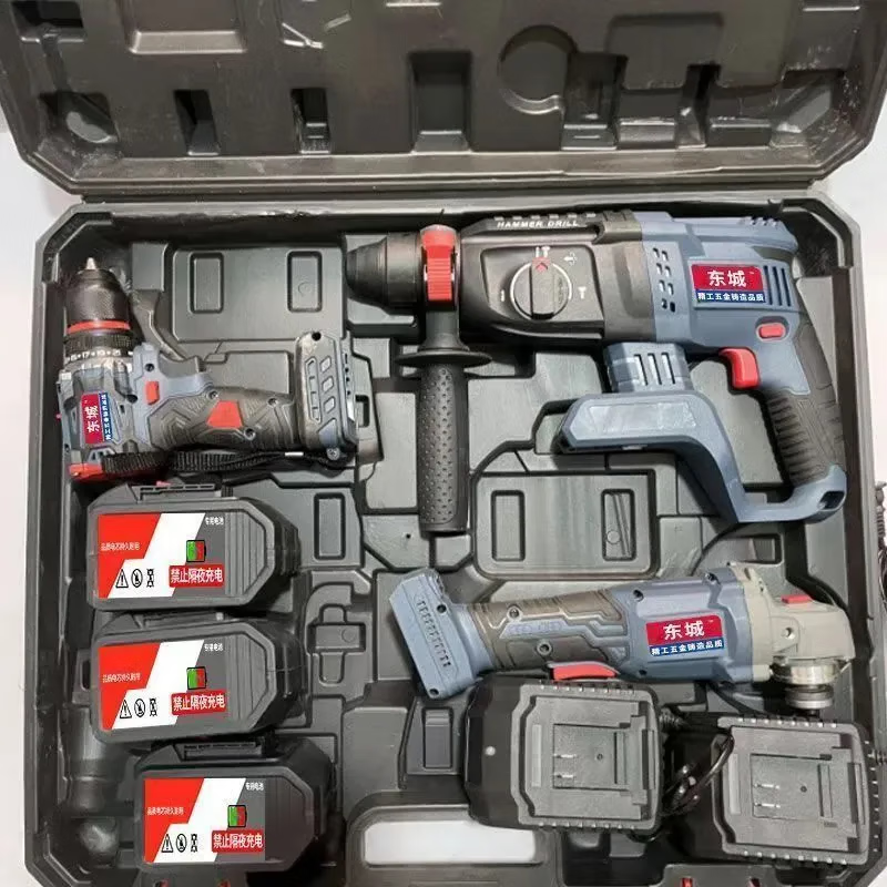 Dongcheng model universal brushless rechargeable electric hammer impact drill electric hammer angle grinder electric wrench four-piece tool set Dongcheng model 15 cells + brushless motor + plastic box 4 batteries 2 charges electric drill + electric hammer + angle grinder + electric wrench