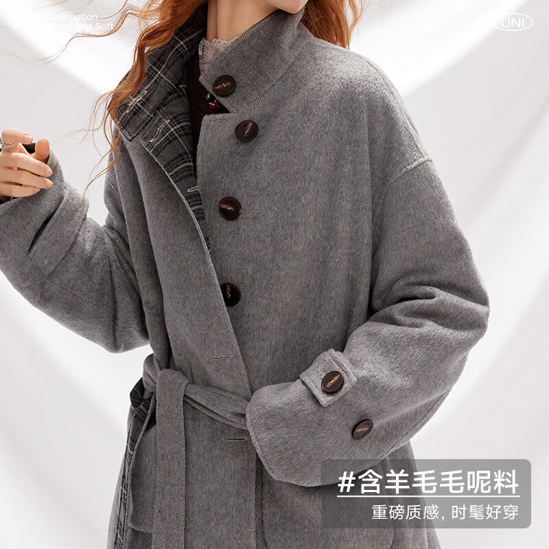 UNIFREE Korean autumn and winter woolen coat heavy loose plaid splicing fashionable woolen coat gray M