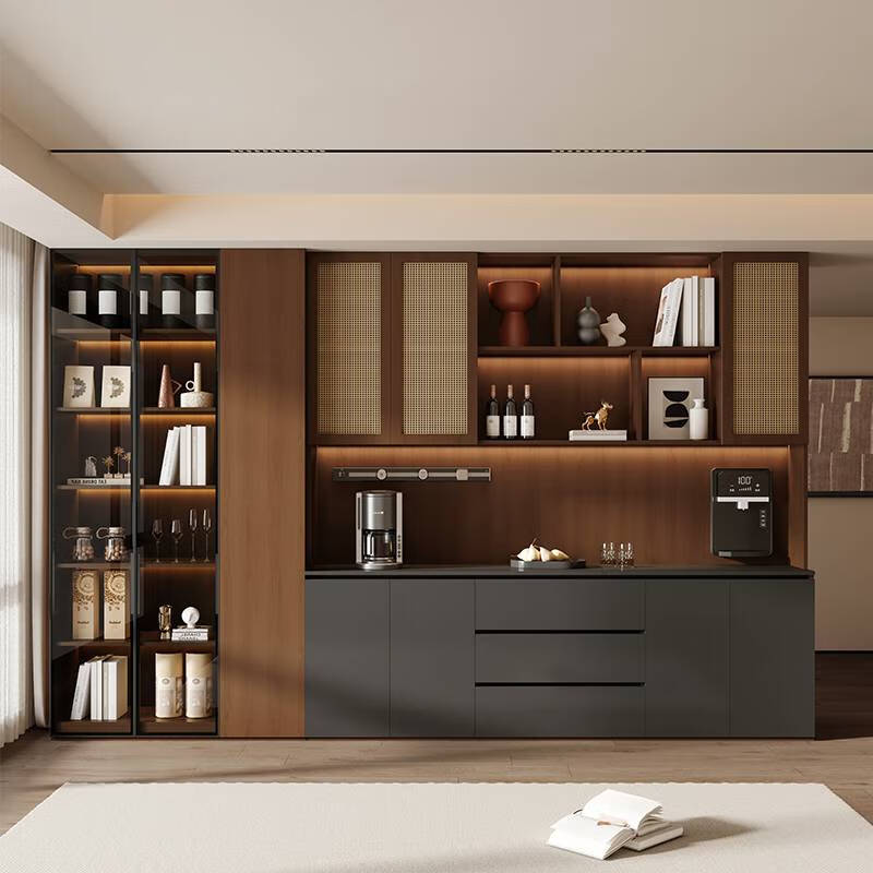 Pupan medieval sideboard against the wall integrated wine cabinet Chinese tea high cabinet multi-functional storage cabinet length 360*width 40*height 240 retro walnut+iron knife gray