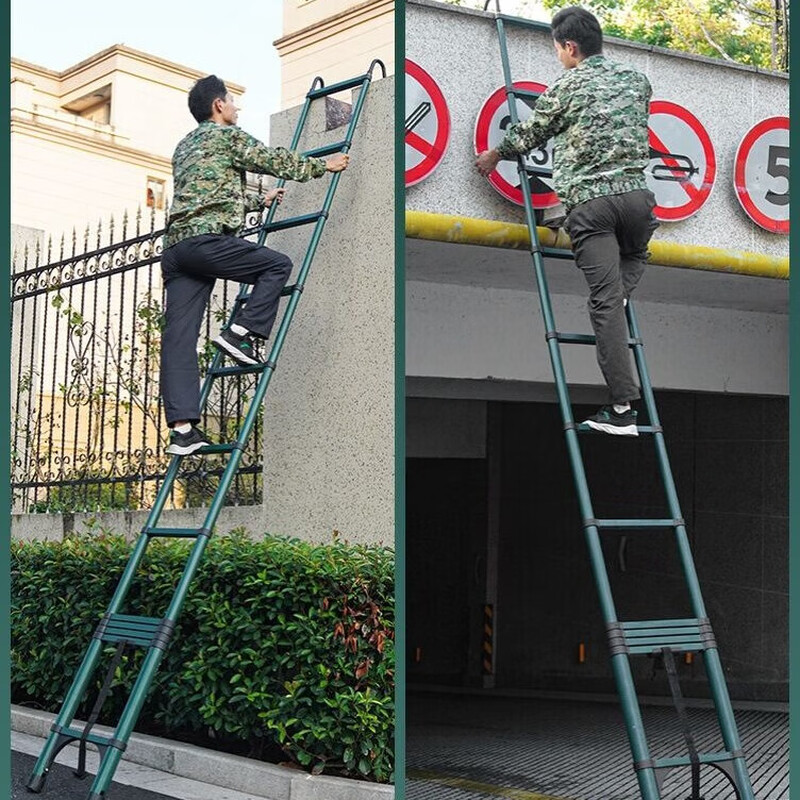 Telescopic ladder lifting engineering ladder portable household straight ladder folding single-sided ladder bamboo ladder thickened extra hard steel dark green straight ladder 3.9 meters thick extra hard steel