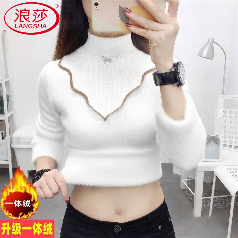 LangSha thickened one-piece velvet sweater for women in autumn and winter, new style velvet bottoming shirt, stylish inner half turtleneck warm sweater, white, thickened one-piece velvet S, recommended 80-95 pounds