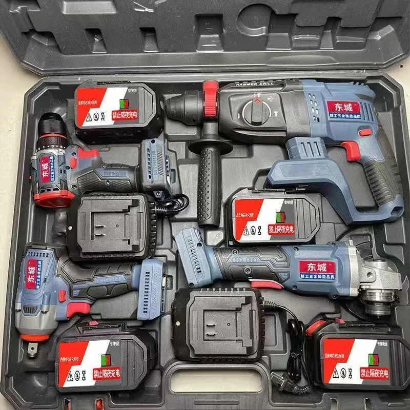 Dongcheng model universal brushless rechargeable electric hammer impact drill electric hammer angle grinder electric wrench four-piece tool set Dongcheng model 15 cells + brushless motor + plastic box 4 batteries 2 charges electric drill + electric hammer + angle grinder + electric wrench