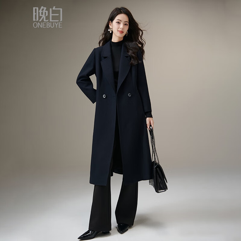 Late White New Product Winter Fashion Retro Mid-Length Coat Crisp and Slim Wool Jacket for Women Dark Blue XL