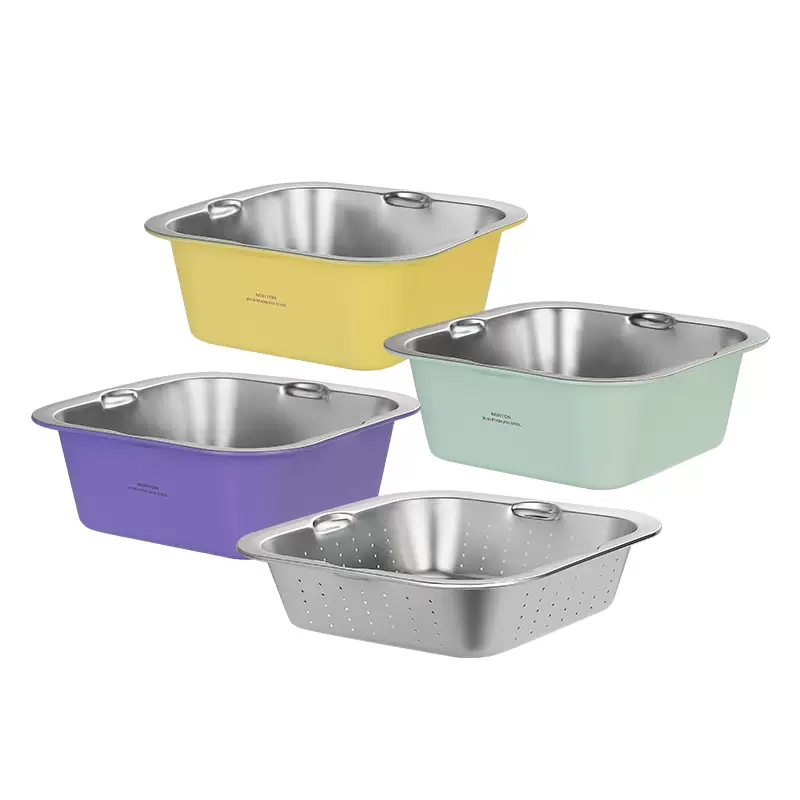 Yusenyi norton vegetable washing drain basin basket leaky sieve kitchen basin filter basin household basin rice washing stainless steel square 316 goose yellow two-piece set 24CM