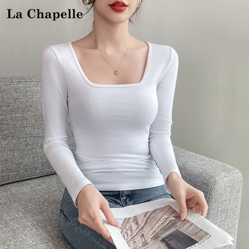 La Chapelle pure cotton square neck long-sleeved bottoming shirt for women spring and autumn right shoulder design fashionable T-shirt top black 2XL
