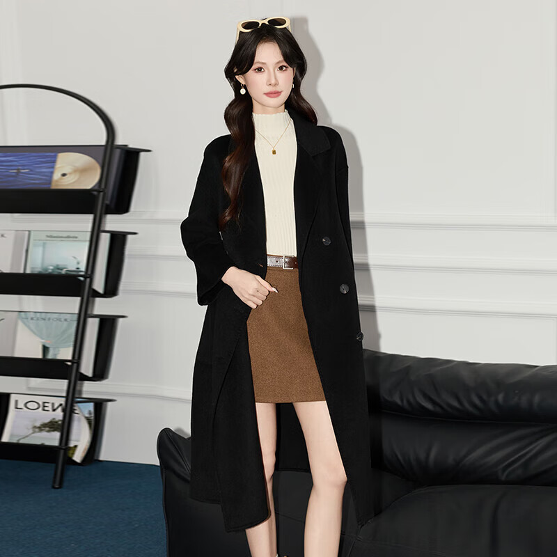 Direct purchase from JD.com | Wool coat for women, double-sided woolen coat, mid-length, loose and versatile, black, one size fits all, recommended 90-130 pounds