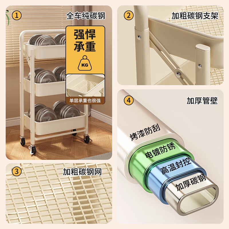 Quanpinwu kitchen rack floor-standing mobile trolley foldable snack rack multi-layer storage rack installation-free storage 4W