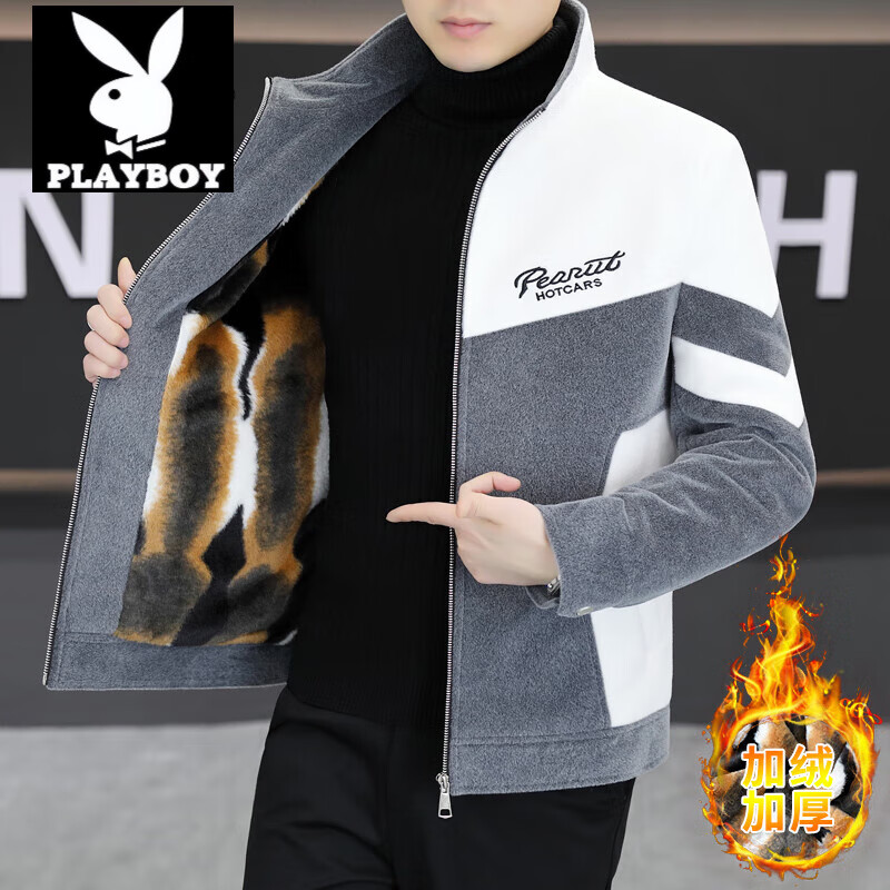 PLAYBOY Plus Velvet Imitation Mink Woolen Jacket Men's 2024 New Autumn and Winter Casual Stand Collar Jacket Thickened Short Coat 7705 Gray L 105-120 Jin
