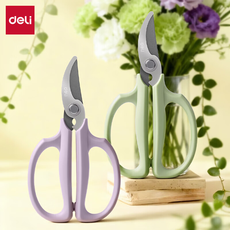 Deli flower scissors gardening scissors wide head household flower blade sharp garden flower pruning tool gardening scissors green curved cutting blade rust-proof and anti-stick TJ53