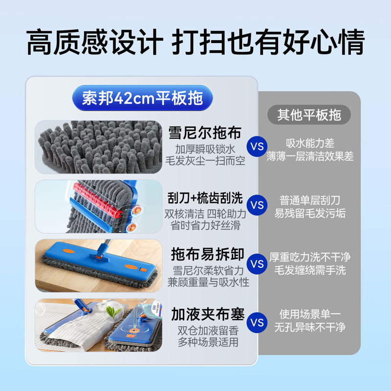 Sorbonne flat mop 42cm 4 cloth household one-mop hand-free chenille mop mopping artifact with bucket set