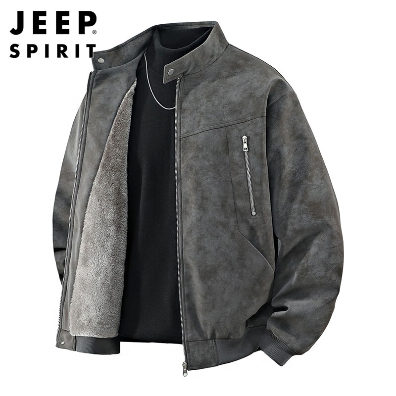 JEEP SPIRIT Jeep Detroit Leather Jacket Men's Autumn and Winter Suede Velvet Jacket Men's Jacket Gray Velvet 3XL