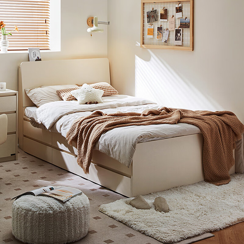 Quanyou Home Nordic style furniture 1.5mx2m single bed small apartment second bedroom storage bed drawer bed ivory white 1.2m single bed + mattress