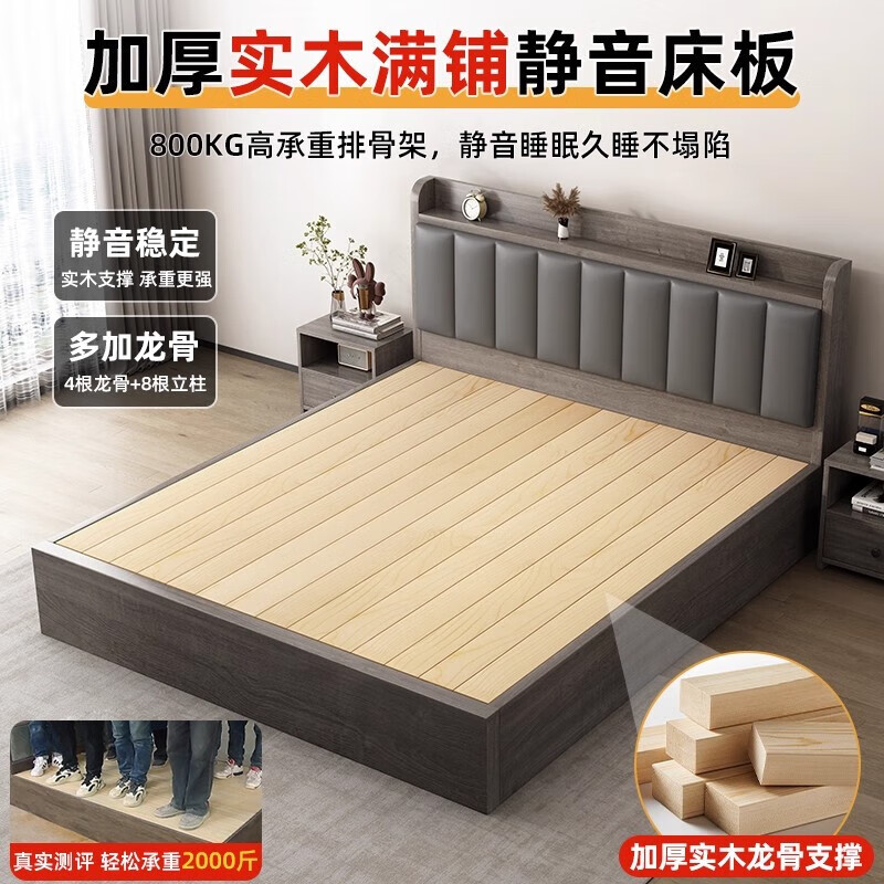 Xiaomi Sunshine Solid Wood Bed Double 1.8x2m Modern Simple Bedroom King Bed 1.5m Simple Economical 1.2m Rental House Thickened Gray Full-bed Bed Delivery Upstairs 1800mm*2000mm Box Frame Structure