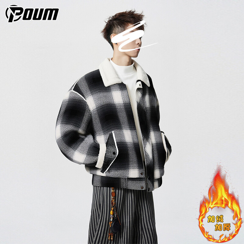 POUM American sherpa jacket men's winter velvet thickened warm color-blocked plaid jacket JRR2187 black L