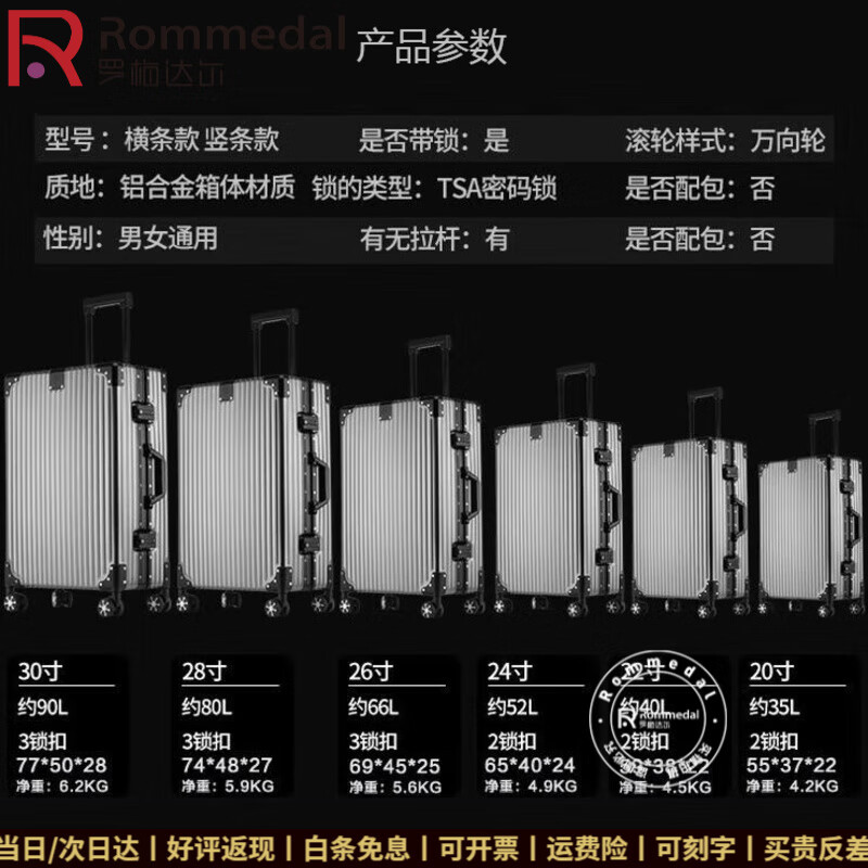 Rommedal high-end luggage for men and women, retro aluminum frame, aluminum-magnesium alloy trolley case, business travel suitcase, boarding case, gun color vertical clause, 20 inches