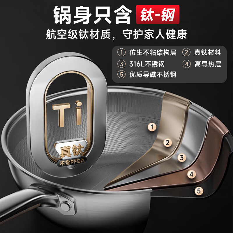 Konbach flat bottom non-stick pan real titanium uncoated wok steak frying pan omelette pancake special gas stove induction cooker maternal and child grade 100% real titanium 0 coating 28cm