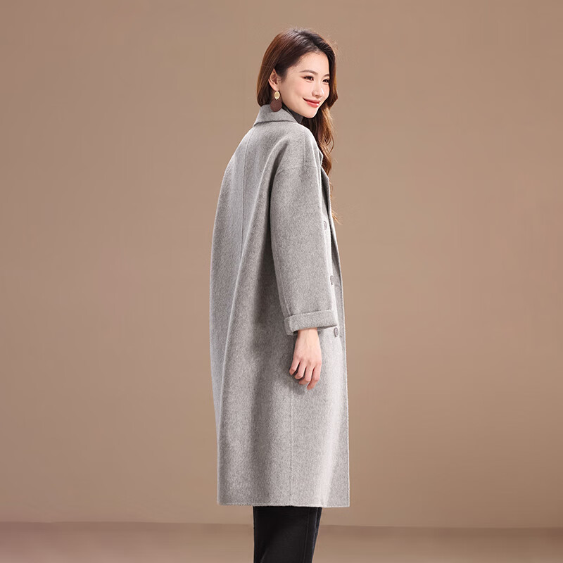 Qianbai Nian Wool & Cashmere Double-sided Wool Coat Women's Autumn and Winter New Style Suit Collar Soft Long Thick Coat Turtle Gray M