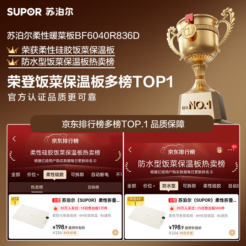 SUPOR flexible folding warming cutting board, square 60cm, food warming board, 7-level temperature adjustment, household heating cutting board, rollable, multi-functional, warm milk, tea and wine BF6040R836D