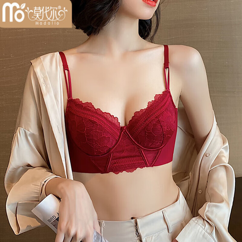 Modal French lace thin underwear for women with soft steel rings for big breasts, small breasts, and secondary breasts, natal year burgundy bra set burgundy (bra set) 80C 38/85 (suitable for 85AB)