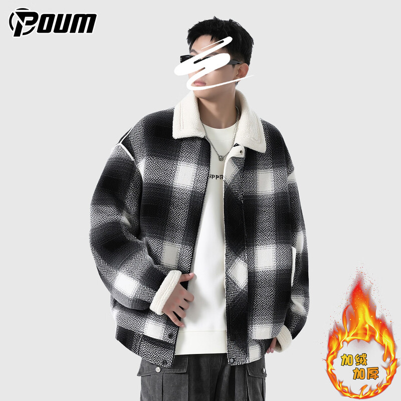 POUM American sherpa jacket men's winter velvet thickened warm color-blocked plaid jacket JRR2187 black L