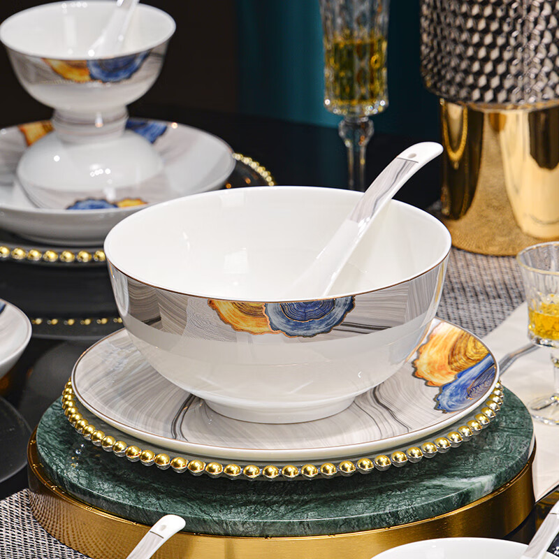 Tang Hui high-end Chinese bone china tableware set plate bowl set 30-head bone china tableware gilded and elegant