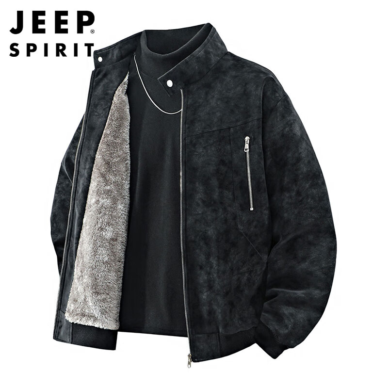 JEEP SPIRIT Jeep Detroit Leather Jacket Men's Autumn and Winter Suede Velvet Jacket Men's Jacket Gray Velvet 3XL