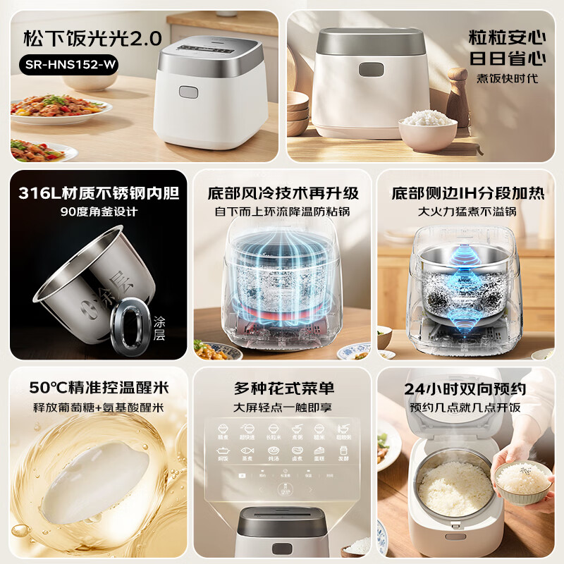 Panasonic Rice Cooker 2.0 Coating IH Heating Household Rice Cooker 4-5 People Uncoated Stainless Steel 4 Liter Level One Energy Efficiency SR-HNS152-W