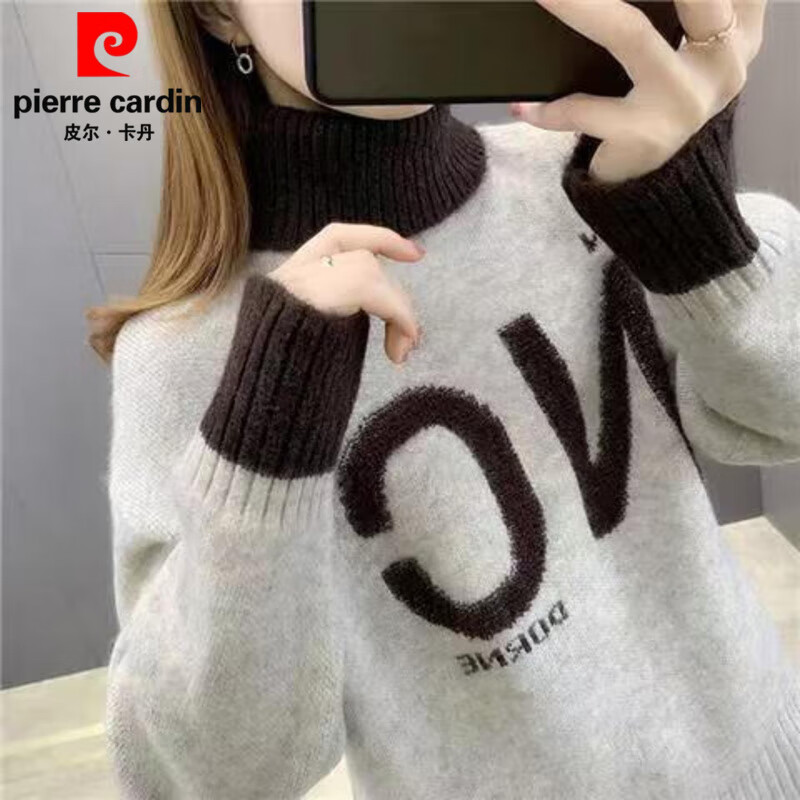 Pierre Cardin thickened velvet turtleneck sweater for women autumn and winter 2025 new style loose long-sleeved pullover bottoming sweater khaki plus velvet S