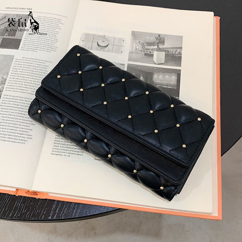 Kangaroo Clutch Women's 2025 Spring New Style Fashion Wallet Large Capacity Textured Folding Women's Rivet Clutch Trendy Black