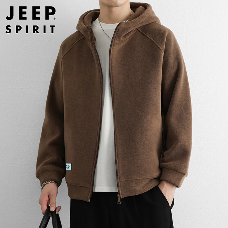 JEEP SPIRIT Jeep Polar Fleece Hooded Jacket Men's Winter Trendy Loose Sports Cardigan Sweatshirt Men's Coffee XL