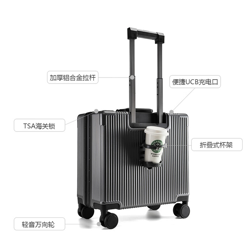 Walker Shop Light Luxury Brand Carry-on Case Aluminum Frame Trolley Case Small Lightweight Business Suitcase Front Opening Luggage Box Black Front Opening Lid + Cup Holder + USB Charging 16 Inch Horizontal Style/Can Be Boarded