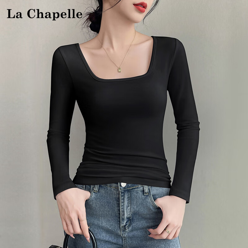La Chapelle pure cotton square neck long-sleeved bottoming shirt for women spring and autumn right shoulder design fashionable T-shirt top black 2XL