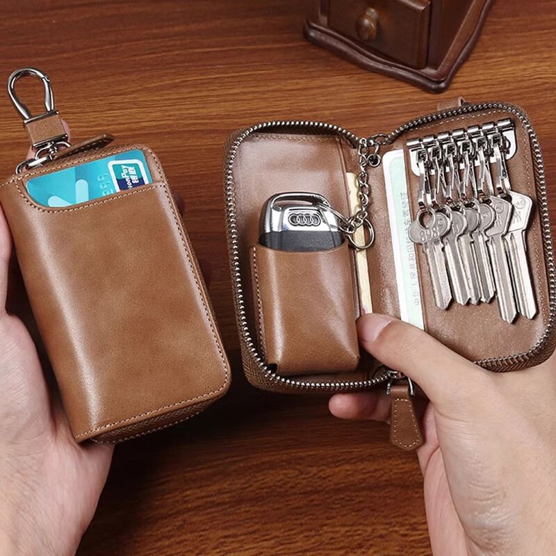 LEOEZYA genuine leather key bag for women 2025 new key bag large capacity leather texture key storage bag for men's car deep coffee_with hanging head