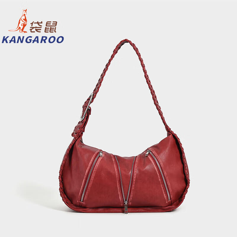 Kangaroo (KANGAROO) new retro woven pattern red armpit bag women's commuter shoulder bag large capacity design niche new bag rub color brown