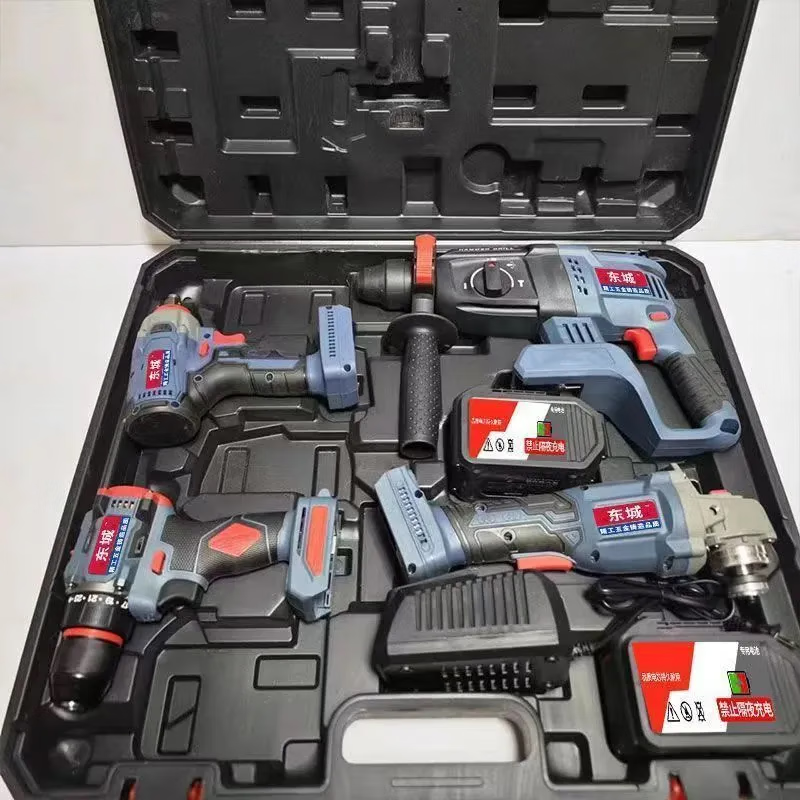 Dongcheng model universal brushless rechargeable electric hammer impact drill electric hammer angle grinder electric wrench four-piece tool set Dongcheng model 15 cells + brushless motor + plastic box 4 batteries 2 charges electric drill + electric hammer + angle grinder + electric wrench