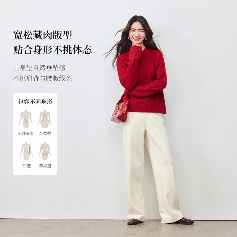 Shandubila New Year Red Chinese Knot Button National Style Sweater Women's Winter Sheep Wool Warm Slant-front Round Neck Sweater Top