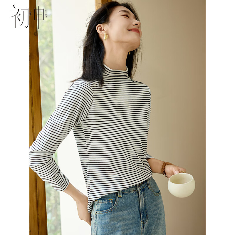 Chushen autumn and winter thick long-sleeved T-shirt women's striped half turtleneck versatile warm base shirt top S144S3004