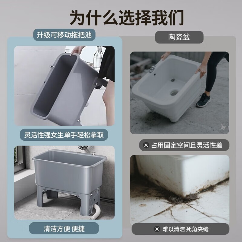 Mopeng mop pool with drain pipe, removable, household balcony wash mop basin, bathroom mop mop pool, mobile high-foot sink, simple pool, green gray-PP material (heat-resistant and dirt-resistant), basic small size 40*40cm, manual drain