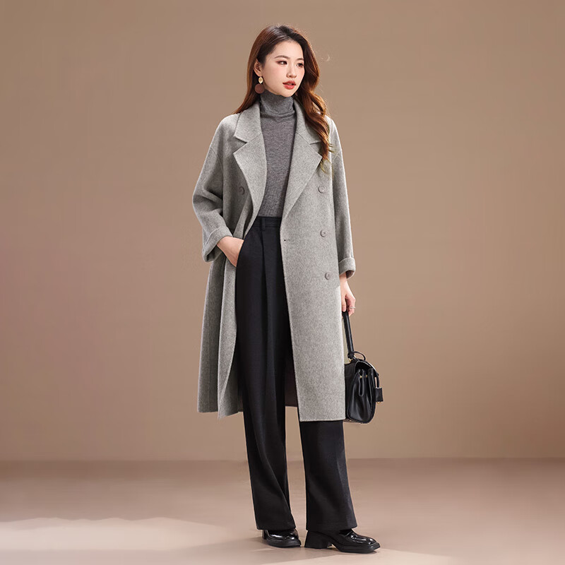 Qianbai Nian Wool & Cashmere Double-sided Wool Coat Women's Autumn and Winter New Style Suit Collar Soft Long Thick Coat Turtle Gray M