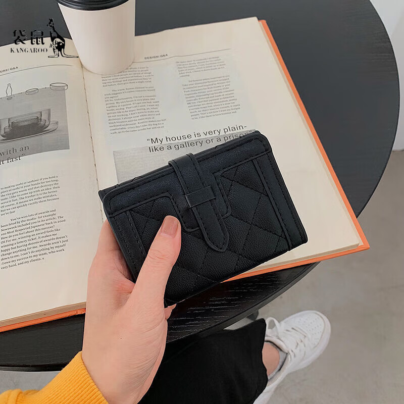 Kangaroo wallet women's short 2025 new Internet celebrity retro rhombus simple light luxury coin purse folding long wallet short black
