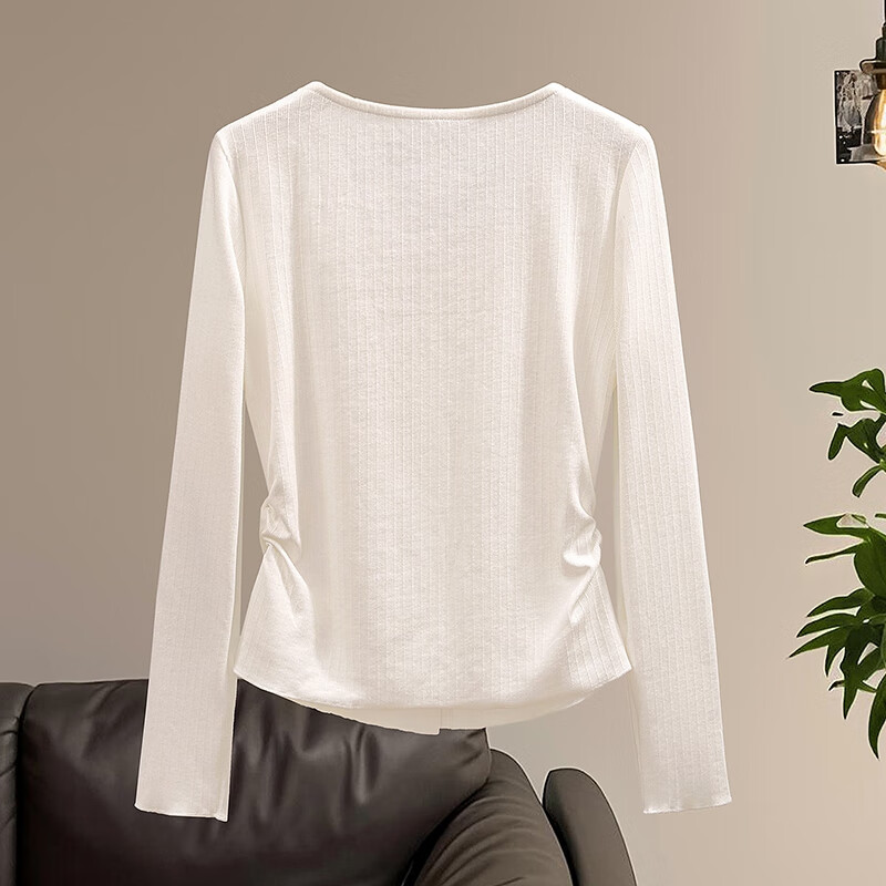 Her pool fake two sweet bottoming shirts 2026 spring new style niche stitching right shoulder long-sleeved tops