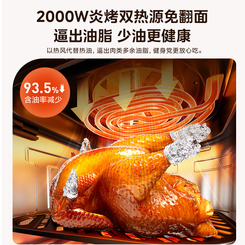 Midea New Fengyan Baked Air Fryer 0 Fluorine Coating 2025 New Dual Heat Source No Turning Household Dual Large View Window Air Fryer Steaming and Grilling Integrated 6.5L KZC6521