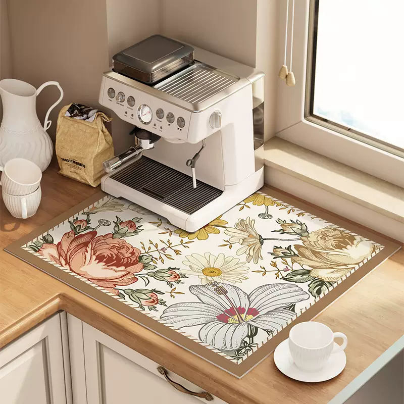 Yusenyi Coffee Machine Mat Kitchen Counter Drying Mat Technological Velvet Absorbent Mat Sliding Bar Tableware Draining Soft Mat Flowers Embrace Dawn 45CMx70CM Environmentally Friendly Material Zero Formaldehyde