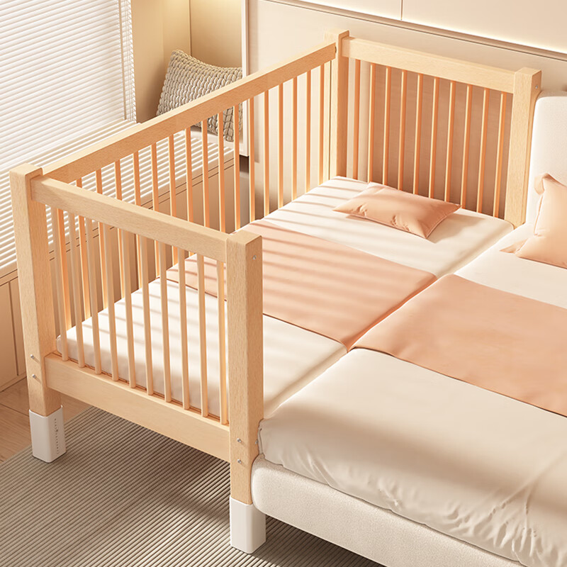 Yongdianfang solid wood children's bed spliced bed can be raised and lowered for babies to widen the bedside and heighten the guardrails for babies and adults can sleep on three sides (side lifting) + 6 cm latex brown cushion + embroidered bear 60 high bed 200x60cm