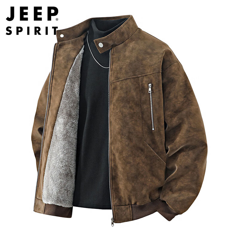 JEEP SPIRIT Jeep Detroit Leather Jacket Men's Autumn and Winter Suede Velvet Jacket Men's Jacket Gray Velvet 3XL