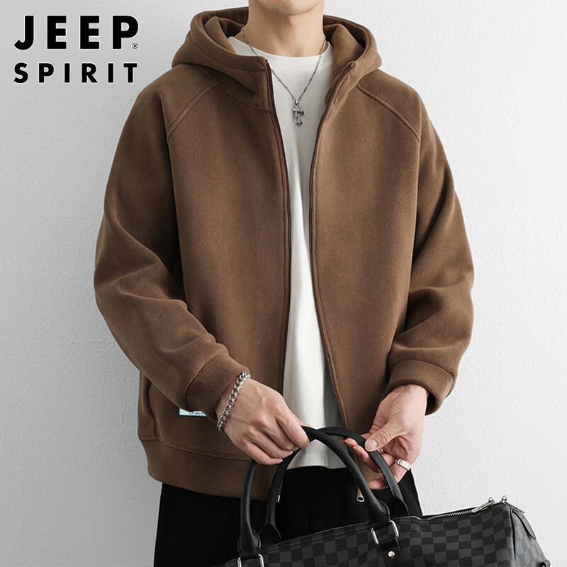 JEEP SPIRIT Jeep Polar Fleece Hooded Jacket Men's Winter Trendy Loose Sports Cardigan Sweatshirt Men's Coffee XL