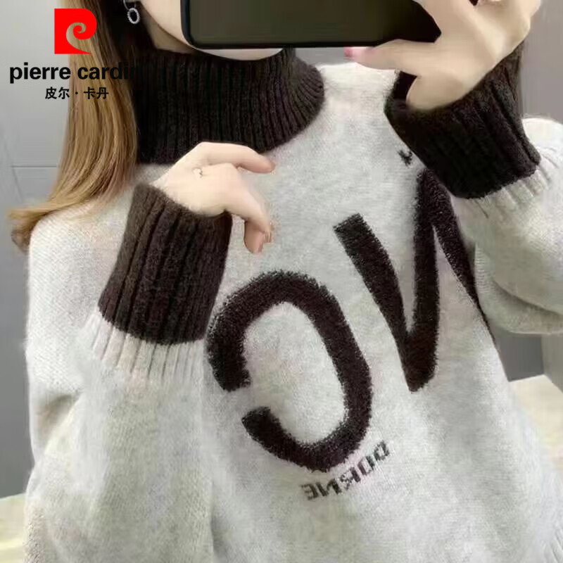 Pierre Cardin thickened velvet turtleneck sweater for women autumn and winter 2025 new style loose long-sleeved pullover bottoming sweater khaki plus velvet S